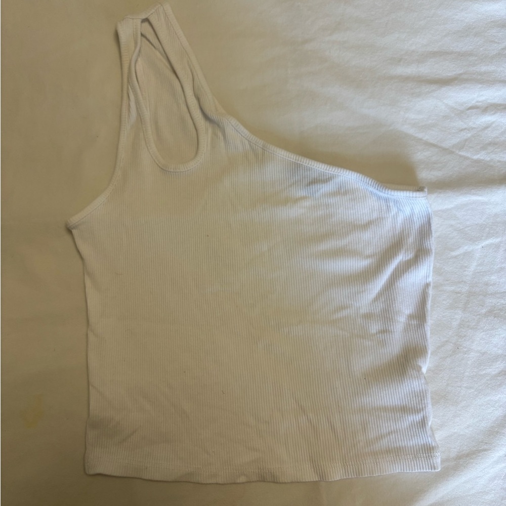 White Ribbed One-Shoulder Top